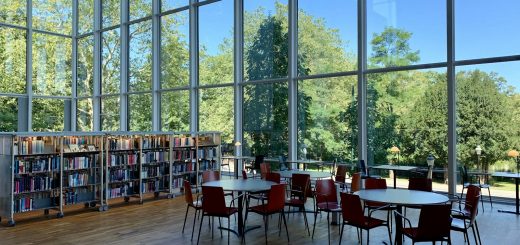 A bright library with tall windows, bookshelves and study tables